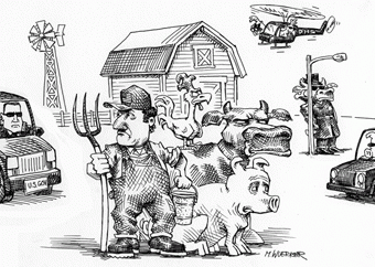 Cartoon showing farmer being cornered by the u.s. government