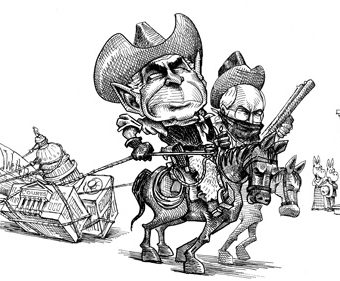 Cartoon showing Bush and Cheney as cowboys