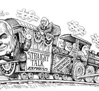 cartoon showing the "straight talk express" on the corporate railroad