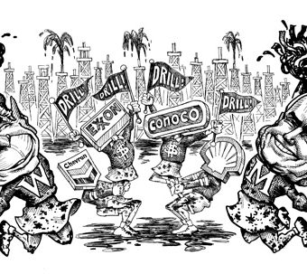cartoon showing mccain as a cheerleader cheering on oil drills
