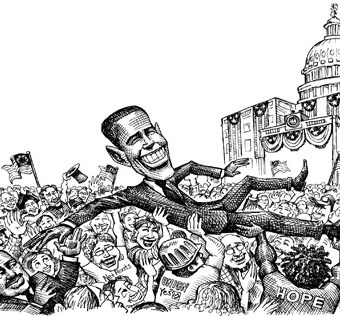 cartoon showing obama crowdsurfing at his election