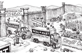 cartoon showing major companies like walmart sourcing their goods from mexico