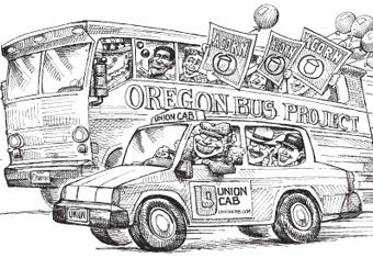 cartoon showing the oregon bus company racing a union cab