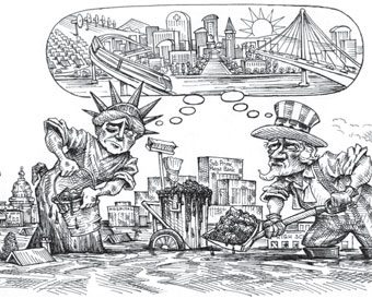 cartoon showing the statue of liberty and uncle sam dreaming of a clean stable new york