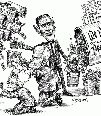 cartoon showing obama gaining funds from people online