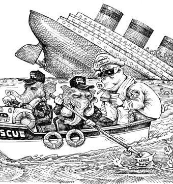 cartoon showing democrats hogging lifeboats as other passengers drown