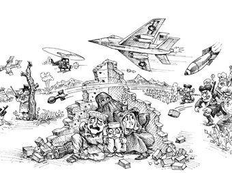 cartoon showing an innocent family caught between the u.s. military
