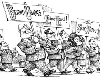 Cartoon showing corporate higher ups campaigning against unions