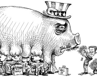 cartoon showing uncle sam as a giant pig being milked by banks