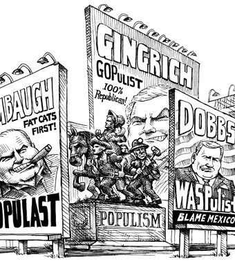 Cartoon showing limbaugh, gingrich and dobbs with different brands of populism