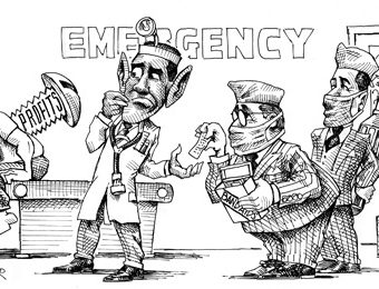 cartoon showing doctors checking out a patient who was physically screwed by corporate profits