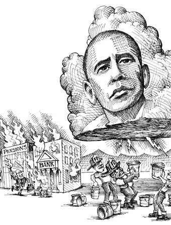 Cartoon showing obama as a stormcloud about to put out fires