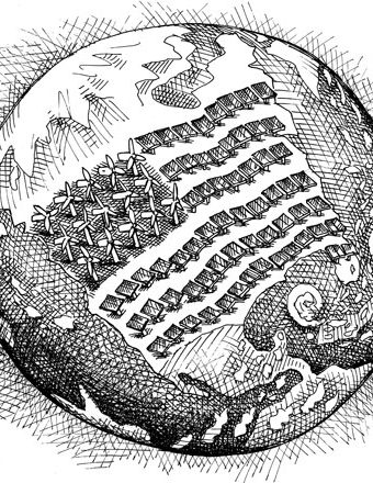 cartoon showing america being powered by solar panels and windmills
