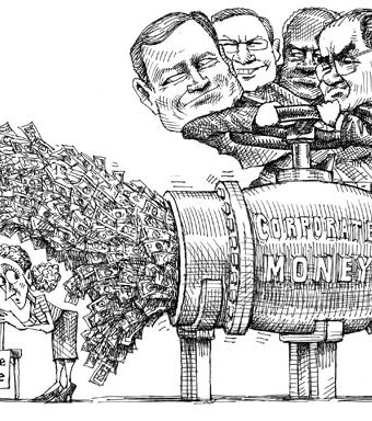 cartoon showing corporate money flooding voting ballots