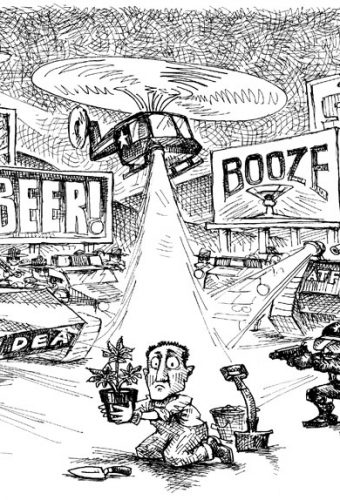 Cartoon depicting man being incriminated for having some sort of drug plant