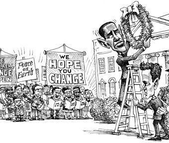 Cartoon showing carollers giving inspiring messages of hope/peace