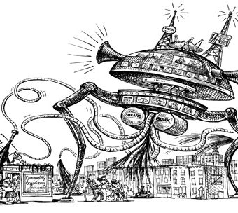 Cartoon showing Bunk and Shears piloting a giant alien ship