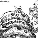 Cartoon depicting Jeff Bezos + Amazon.com as one large snake constricting competitors