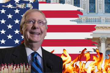 US Capitol building with flag and fire and Mitch McConnell has the matches.