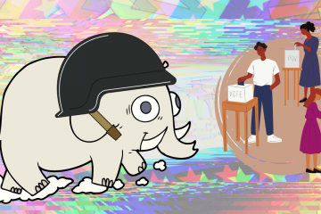 Elephant with a battle helmet charges a group of voters.