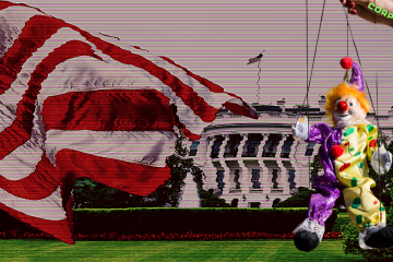 A clown marionette with orange hair controlled by an arm labeled "corporations" dances in front of the white house