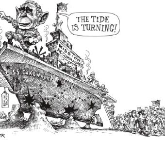 cartoon showing bush riding the "u.s.s cakewalk"