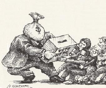 Cartoon showing people fighting over the ballot box with the power of money