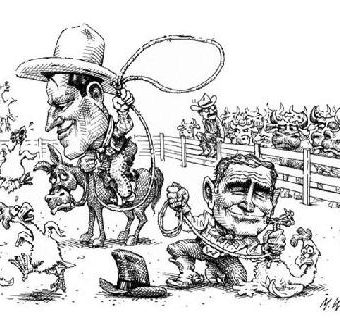 cartoon showing bush and gore wrangling chickens