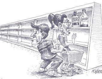 Cartoon showing shoppers forced to buy bore or gush