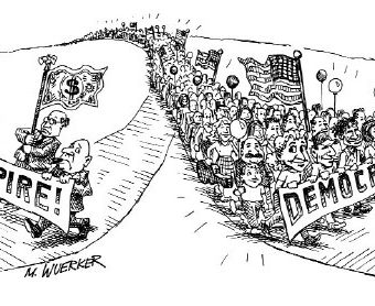 Cartoon showing people choosing democracy over empire