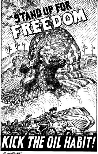 cartoon telling people to kick the oil habit and stand up for freedom