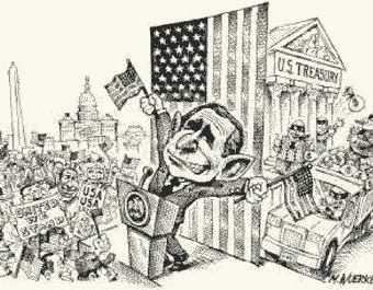Cartoon showing the treasury being looted while bush distracts everyone