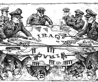 cartoon showing generals plotting over iraq