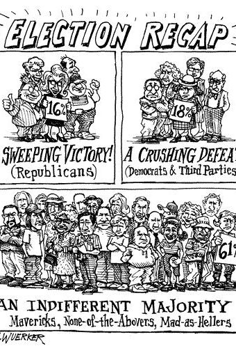 Cartoon showing satirical election recap