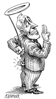 Cartoon showing a businessman giving himself a halo