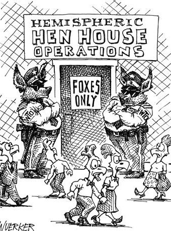 Cartoon showing "hemispheric hen house operations"