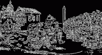 Cartoon showing citizens triumphing over the kleptocrats