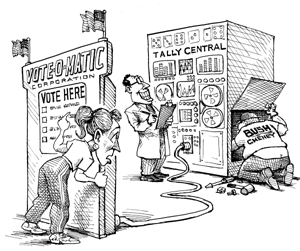 Cartoon showing bush/cheney fixing the votes