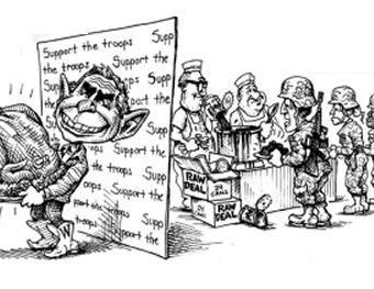 Cartoon showing bush keeping food from soldiers