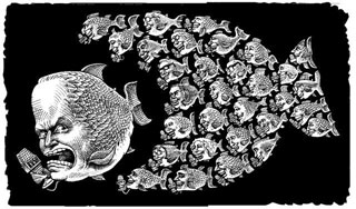 Cartoon showing fox news as an angry school of fish