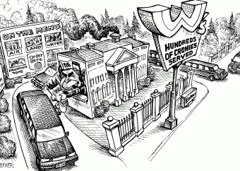 Cartoon showing the whitehouse as a fast food restaurant-esque drive-thru
