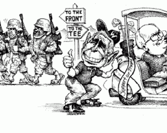 Cartoon showing bush and cheney golfing while soldiers fight