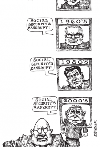 Cartoon showing wall st puppeteering politicians to tell people that social security's bankrupt