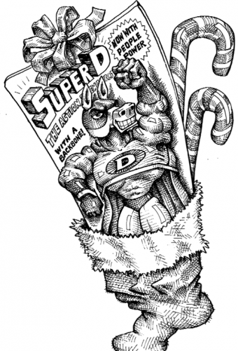 Cartoon showing the democrat donkey as a superhero action figure
