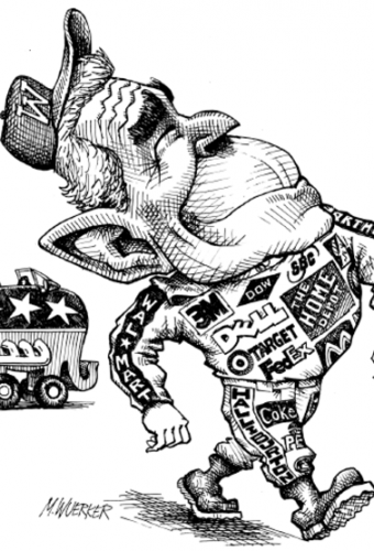 Cartoon showing bush being sponsored by many brands
