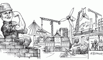 cartoon showing women building infrastructure