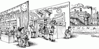 cartoon showing workers at walmart peeking behind the facade to see that its actually industrial china
