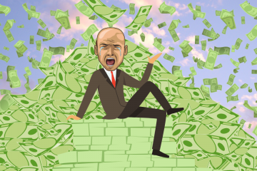 crying man sits on stacks of money in front of a mountain of money while it rains money