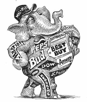 cartoon showing the republican elephant made of big corporations