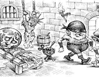 cartoon showing cheney and bush torturing the earth and liberty